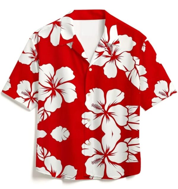 Men's Casual Red Cuban Collar Floral Print Hawaiian Shirt