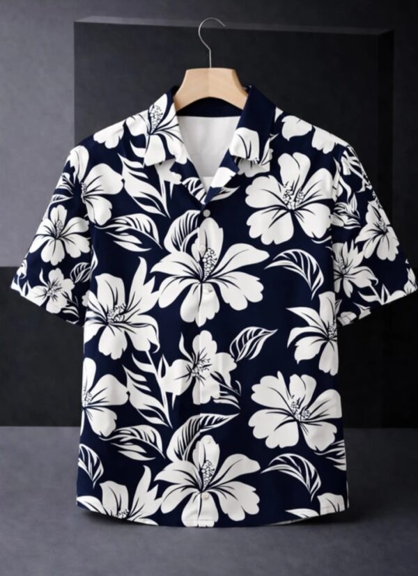 Men's Vacation Navy Blue Tropical Hibiscus Print Shirt