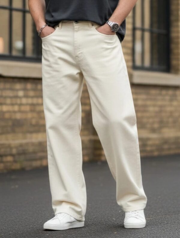 Men's Premium Off-White Loose Fit Wide-Leg Denim Trousers