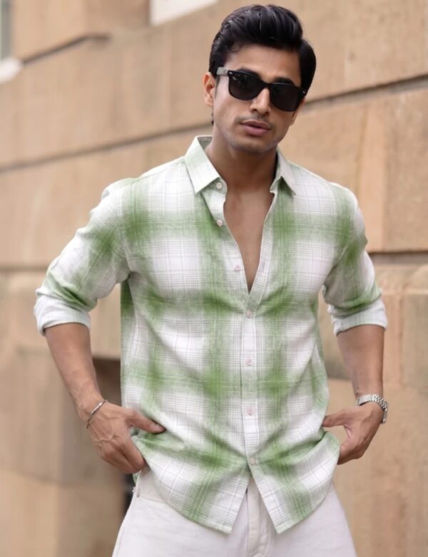 Men's Stylish Olive Green Faded Plaid Casual Long Sleeve Shirt