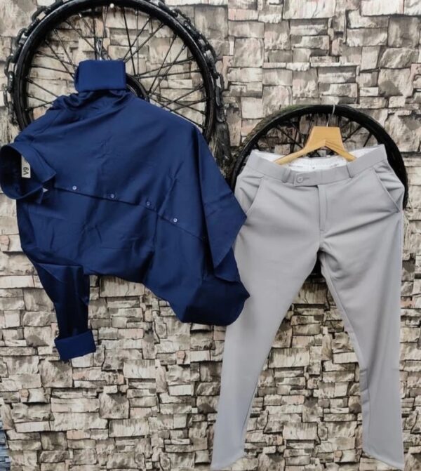 Men's Premium Formal Combo: Royal Navy Blue Shirt with Light Grey Trousers